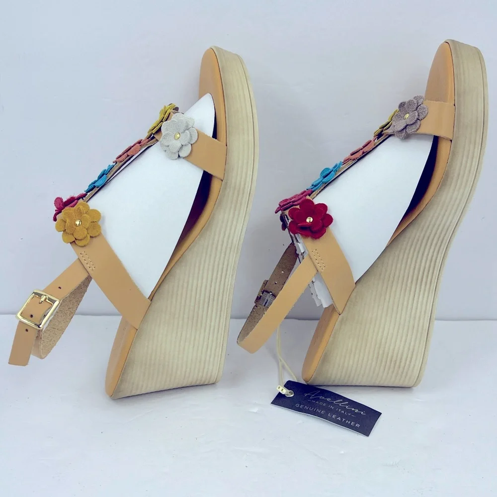 AVELLINI GENUINE LEATHER COLORFUL FLORAL PLATFORM, TAN STRAPS, ITALIAN, SIZE9